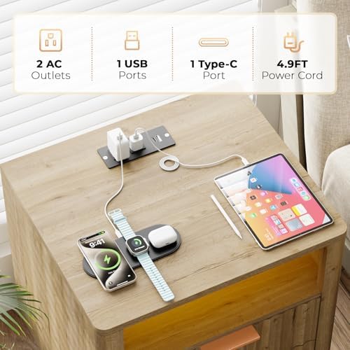 Fluted Nightstand with Charging Station, 2 Drawers Oak