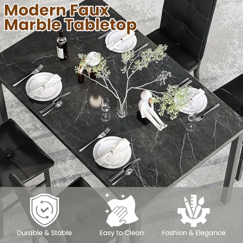 Hooseng Dining Table Set for 4, Faux Marble Small Kitchen Table with 4 PU Lea...