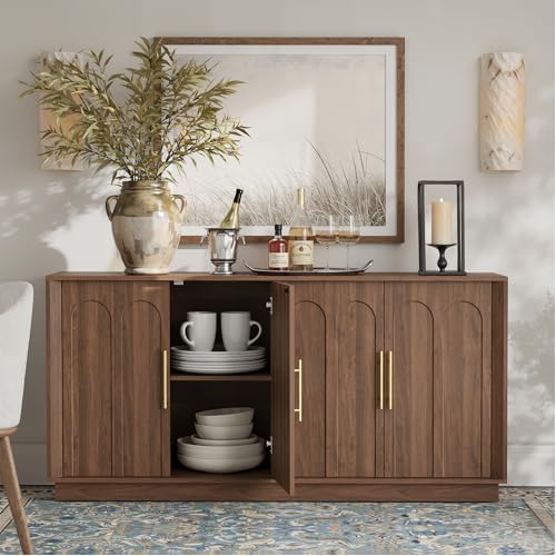 FORTUNETEC 67" Sideboard Buffet Cabinet with Storage, Arched Doors, Walnut