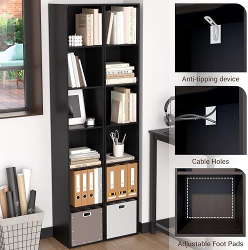 6 Cube Storage Organizer, Narrow Open Shelf Bookcase, Freestanding 6 Cube Sto...