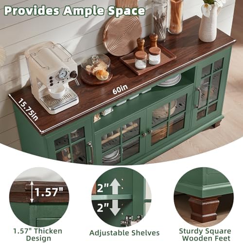 SAVOR LIFE 60-Inch Sideboard Buffet Cabinet with Glass Doors,Vintage Green