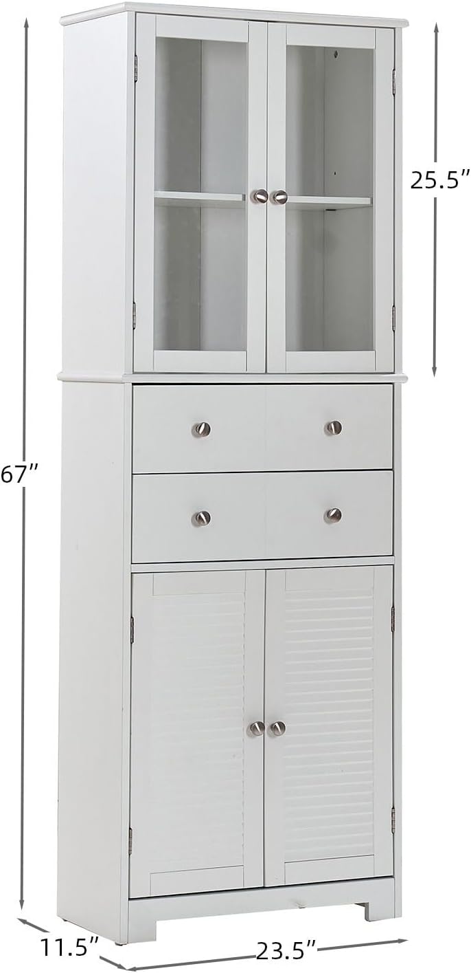 67" Tall Kitchen Pantry Cabinet with Glass Doors, Drawers & Adjustab...