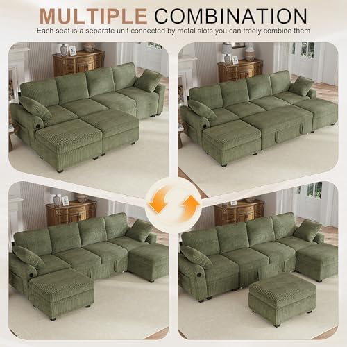 Hanherry 104" Sectional Sofa with Pull Out Couch Bed,Corduroy 4 Seater S...
