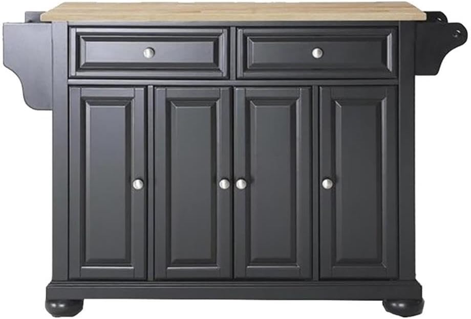 Pemberly Row Traditional Wood Kitchen Island, 51.5 in W x 18 in D x 34 in H, Solid Hardwood and Veneer Construction, Black/Natural Finish, Adjustable Shelves, Storage Drawers, Spice Rack, Towel Bar