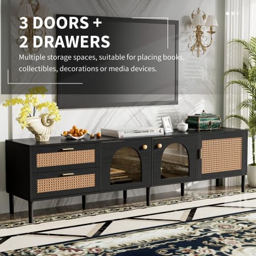 Rattan TV Stand for 75 Inch TV, Modern Farmhouse Media Console with Solid Wood Legs, Multi-Functional Storage & Cable Management, Easy Assembly Entertainment Center for Living Room Home