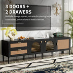 Rattan TV Stand for 75 Inch TV, Modern Farmhouse Media Console with Solid Wood Legs, Multi-Functional Storage & Cable Management, Easy Assembly Entertainment Center for Living Room Home