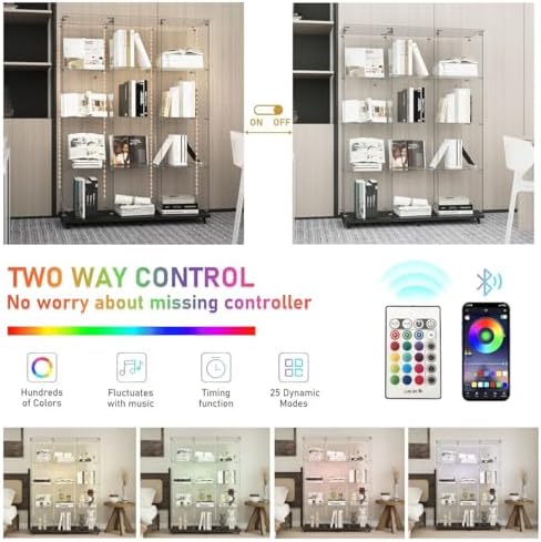 4 Tiers Glass Display Cabinet Extra Large with Bluetooth LED Light Strip, 2 D...