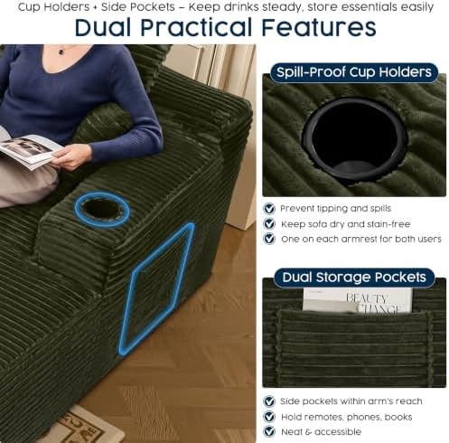 Green 134 Inch U-Shaped Modular Sectional Sofa, Corduroy Cloud Couch with Dua...