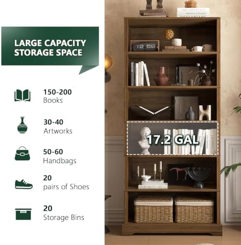 TVU 6 Tiers Wooden Bookshelf, 77.2" Tall Farmhouse Style Open Bookcase, ...