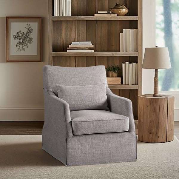 Martha Stewart London Swivel Chair - Solid Wood & Plywood, Skirted Metal Base Accent Armchair, Lumbar Pillow -Modern Classic Family Room Sofa Furniture Bedroom Lounge, 28"X31.5"X35.25", Grey