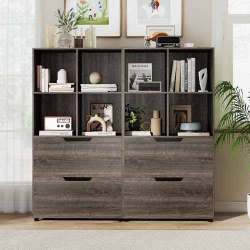 GIANTEX Bookshelf with 4 Cubes & 2 Drawers, 51” Tall Floor Bookcase with ...