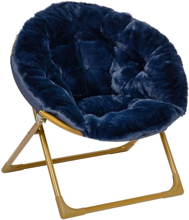 Pemberly Row Kids 23" Folding Faux Fur Saucer Chair, Navy Upholstery with Soft Gold Frame, Thick Padded Chair for Playroom, Bedroom or Living Room, 22.75" W x 12.25" D x 22" H, Child-Safe Design