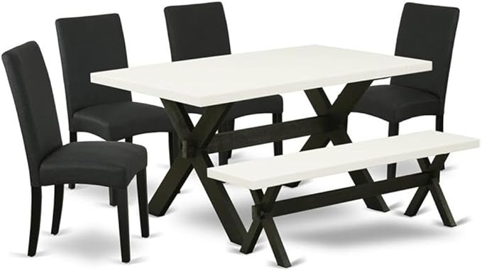 East West Furniture X626DR124-6 6 Piece Dining Table Set Contains a Rectangle Kitchen Table with X-Legs and 4 Black Color Linen Fabric Parson Chairs with a Bench, 36x60 Inch, Multi-Color