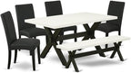 East West Furniture X626DR124-6 6 Piece Dining Table Set Contains a Rectangle Kitchen Table with X-Legs and 4 Black Color Linen Fabric Parson Chairs with a Bench, 36x60 Inch, Multi-Color