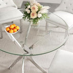 AF ARTISAN FURNITURE 36" Round Glass Dining Table Set for 2, 3-Piece Modern Kitchen Table with 2 Blue Velvet Chairs, Dining Room Table Set for Apartments Small Spaces (Silver Leg)