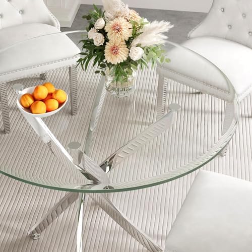 AF ARTISAN FURNITURE 36" Round Glass Dining Table Set for 2, 3-Piece Modern Kitchen Table with 2 Blue Velvet Chairs, Dining Room Table Set for Apartments Small Spaces (Silver Leg)