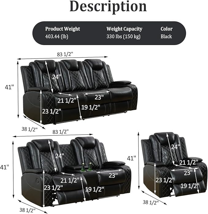 Power Recliner Set with LED Lights, Air Leather Reclining Set with USB Port/W...