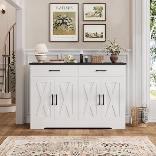 HOSTACK 47" W Kitchen Sideboard Buffet Cabinet with Storage Drawers, White