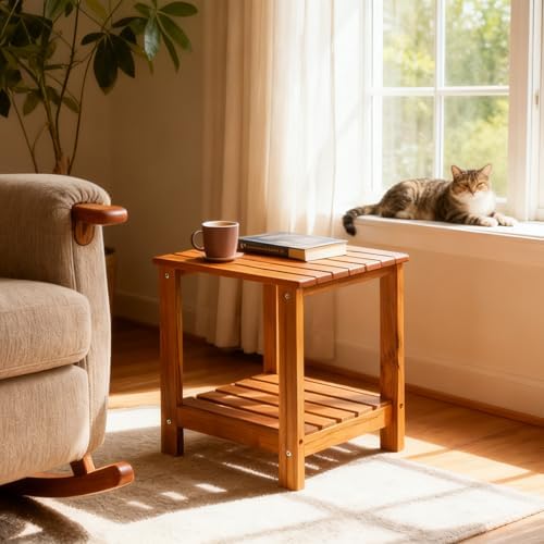 Utoplike Teak Side Table Outdoor, Patio End Table Double Layer for Garden
