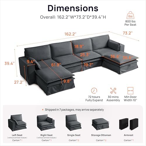 162" Washable Oversized Modular Sectional Sofa Couches for Living Room,G...