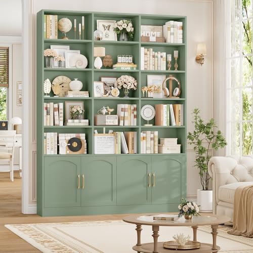 FACBOTALL 82.3" Triple Wide Bookshelf, Tall Bookcase with 4 Doors, Green