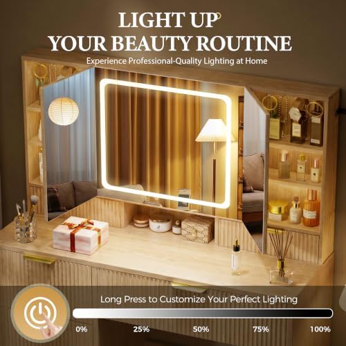 COMHOMA Vanity Desk with 3-Way Mirror and Lights, Makeup Vanity with 360° Vie...