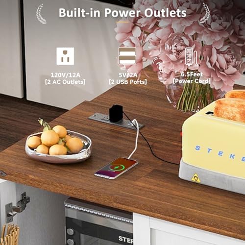 Kitchen Island with Power Outlet and Drop Leaf, Breakfast Bar Table with Vert...