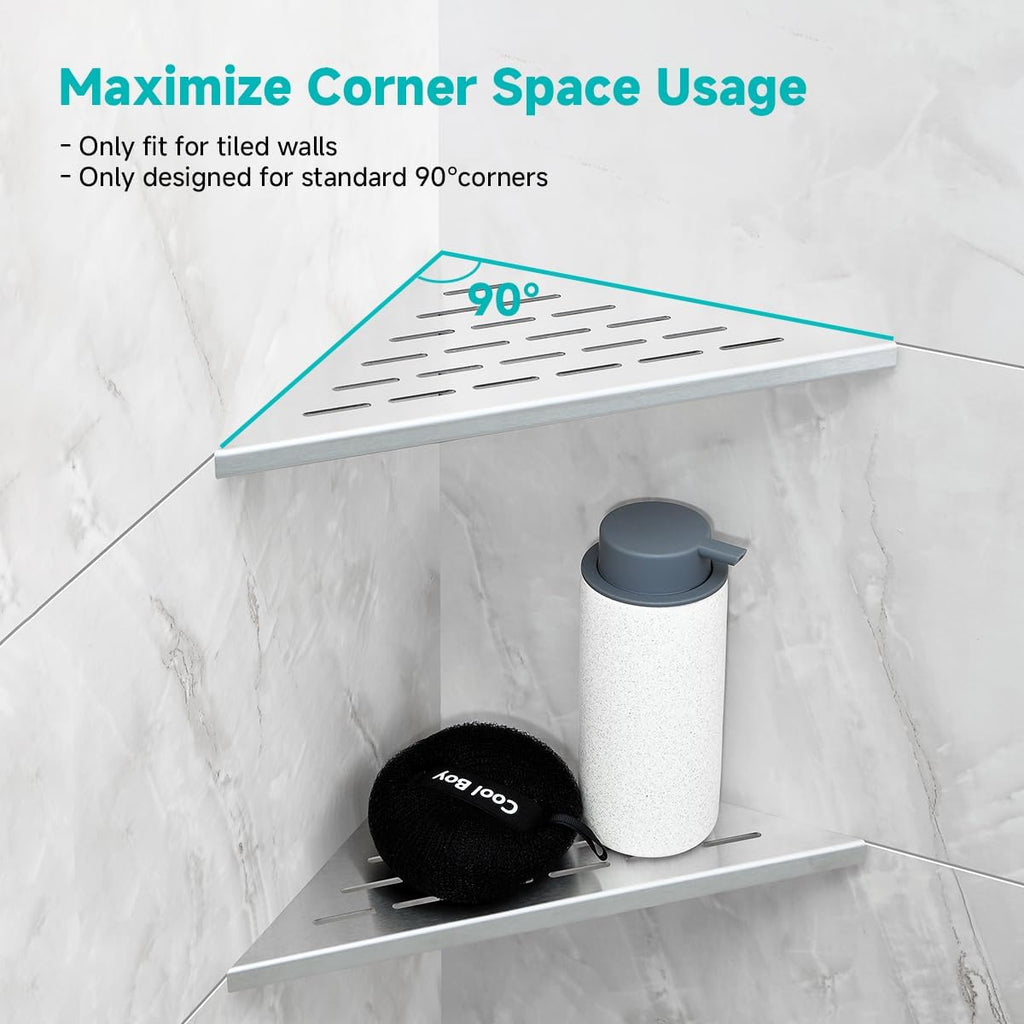 2-Pack 10" Wall Mounted Corner Shower Shelf - No Drilling Recessed Bathroom Shelves, Triangular Shower Caddy Organizer, Rustproof Stainless Steel Shower Shelves for Tiled Walls(Brushed)