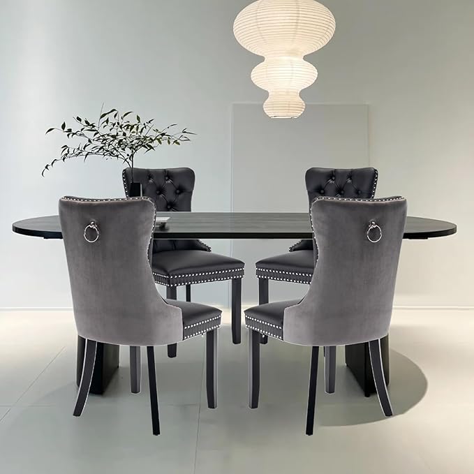 Leather Upholstered Dining Chairs Set of 4, Modern Style Kitchen Side Chairs with Nailhead Trim and Wood Leg, Metal Pulling Ring for Dining Room Living Room(Black&Grey,Set of 4)