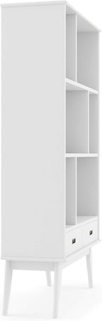 SIMPLIHOME Draper Bookcase - 64 inch Tall Solid Hardwood Wide Storage Bookshelf in White, Mid-Century Modern Storage for Living Room, Study Room or Office with Adjustable Shelves and Tapered Legs