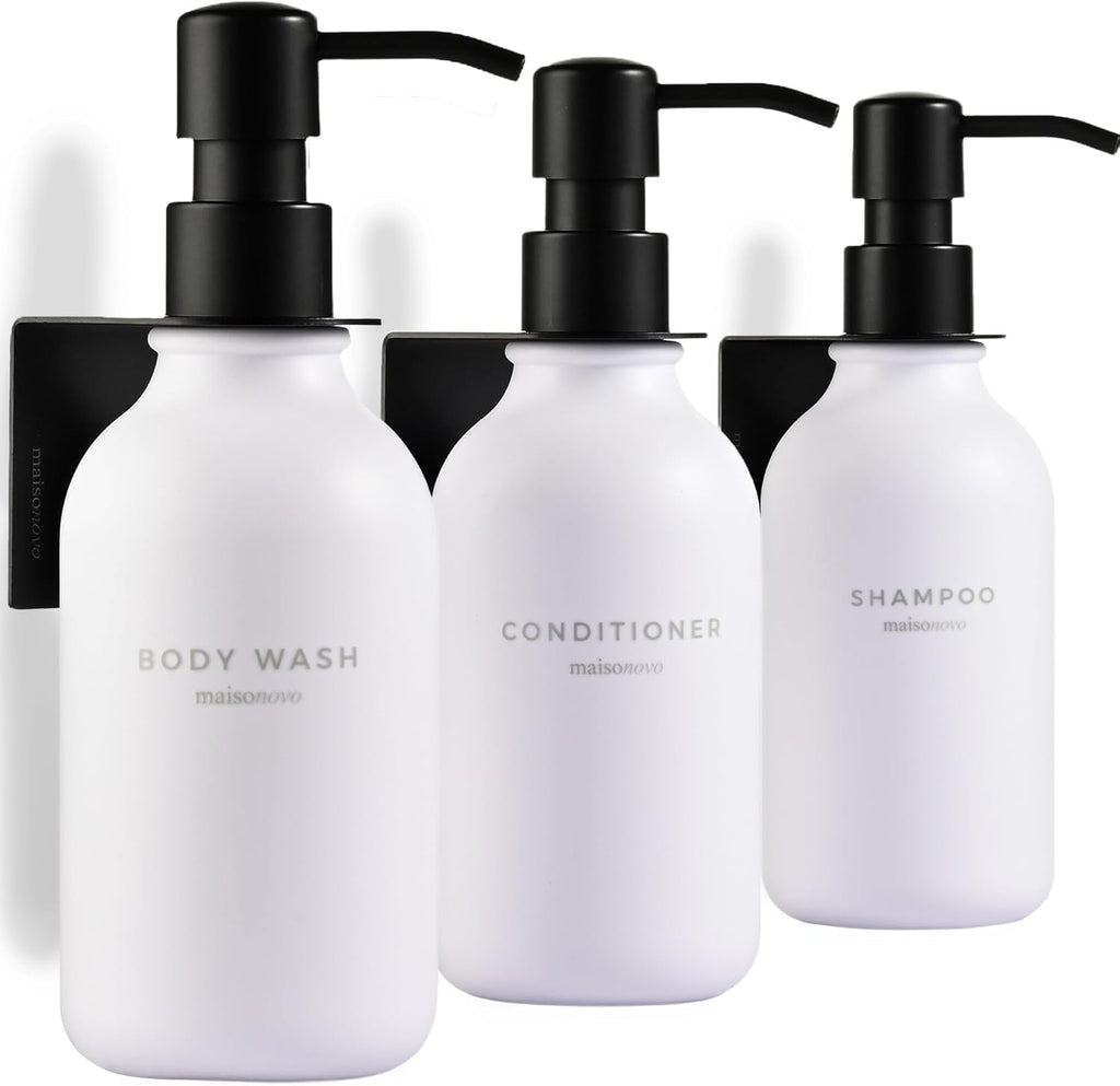 MaisoNovo Shampoo and Conditioner Dispenser - Shower Soap Dispenser Wall Mounted - 16.9 fl oz Set of 3 White Plastic Bottles Black Pump - 3 Chamber No Drill