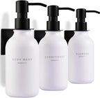 MaisoNovo Shampoo and Conditioner Dispenser - Shower Soap Dispenser Wall Mounted - 16.9 fl oz Set of 3 White Plastic Bottles Black Pump - 3 Chamber No Drill