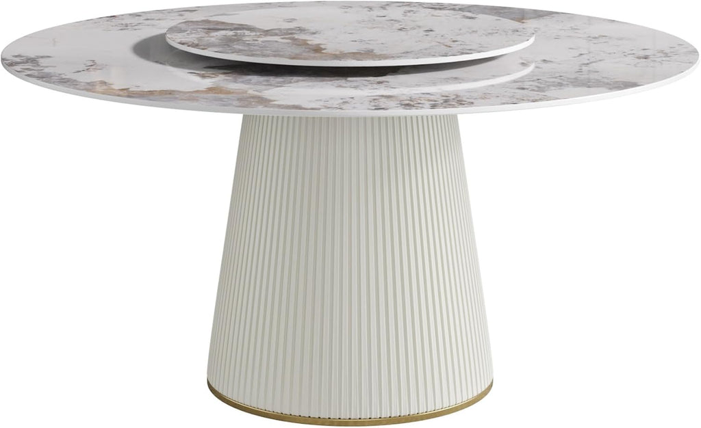 9 Piece Dining Table Chairs Set, Modern Dining Table Set of 8, Includes 59" D Marble Round Table with Beige Cylindric PU Wooden Base, 8 Beige Gold Dining Chairs for Home, Kitchen