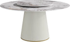 9 Piece Dining Table Chairs Set, Modern Dining Table Set of 8, Includes 59" D Marble Round Table with Beige Cylindric PU Wooden Base, 8 Beige Gold Dining Chairs for Home, Kitchen
