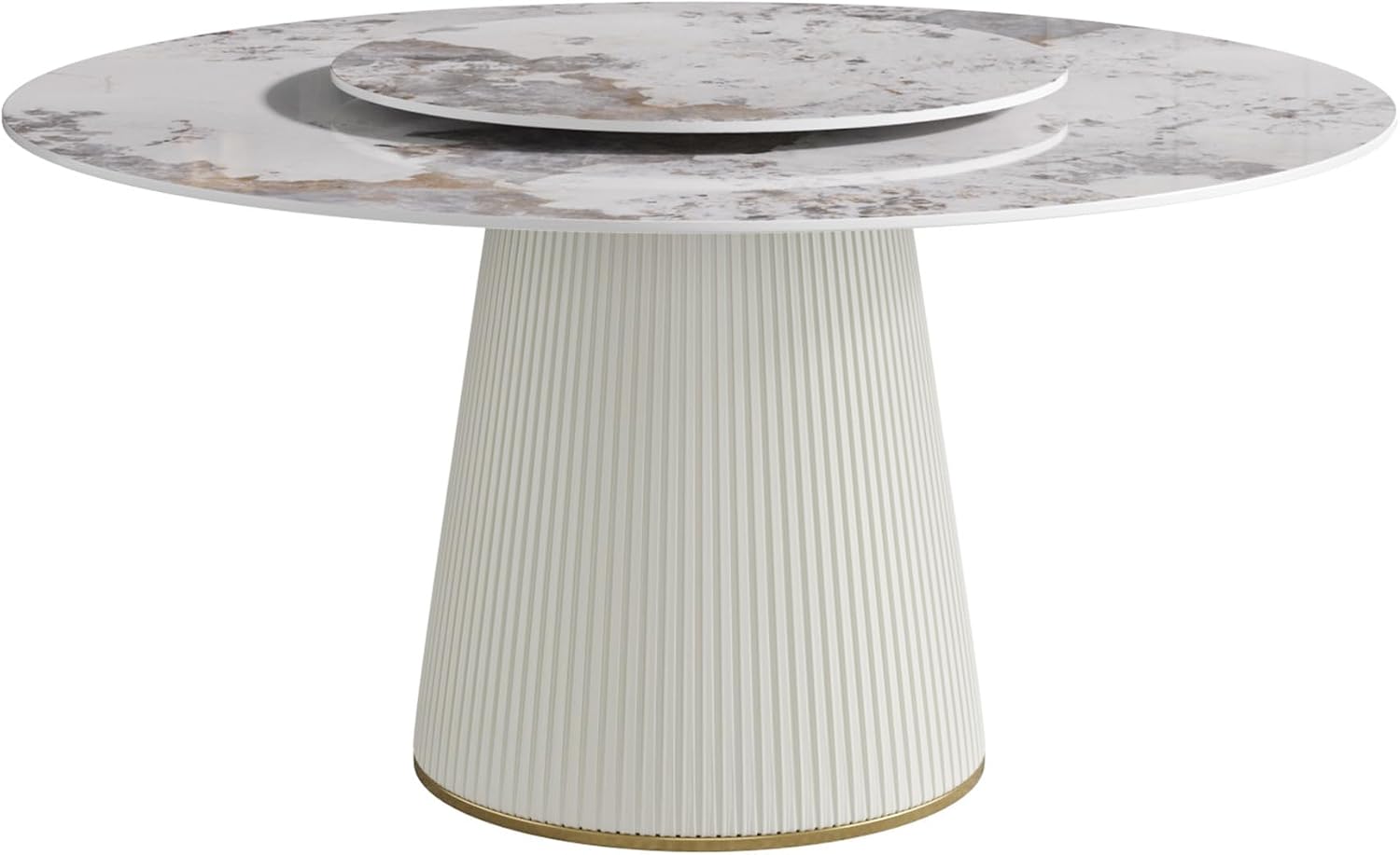 9 Piece Dining Table Chairs Set, Modern Dining Table Set of 8, Includes 59" D Marble Round Table with Beige Cylindric PU Wooden Base, 8 Beige Gold Dining Chairs for Home, Kitchen