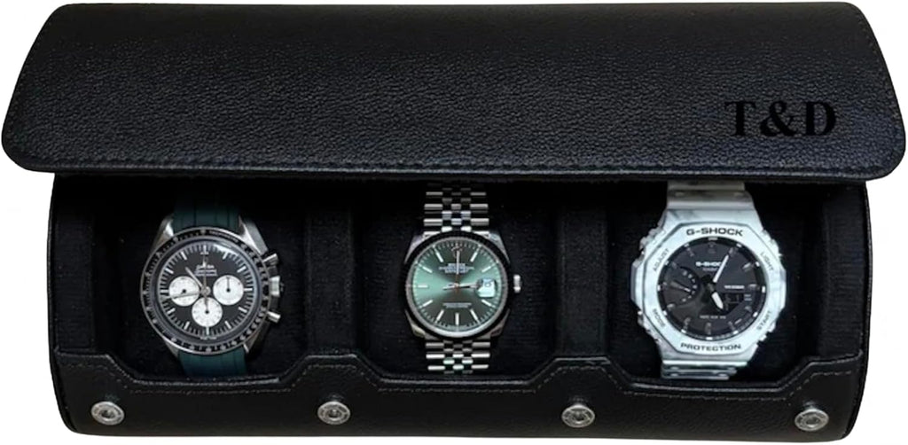 DailyWatch | Personalized Watch Roll Travel Case For 3 Watches - Handmade Genuine Leather Travel Case With Custom Engraving of Name or Initials - All Black