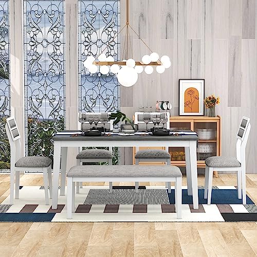 Merax 6-Pieces Solid Wood Dining Table Set for 6, Farmhouse Kitchen Room Tabl...