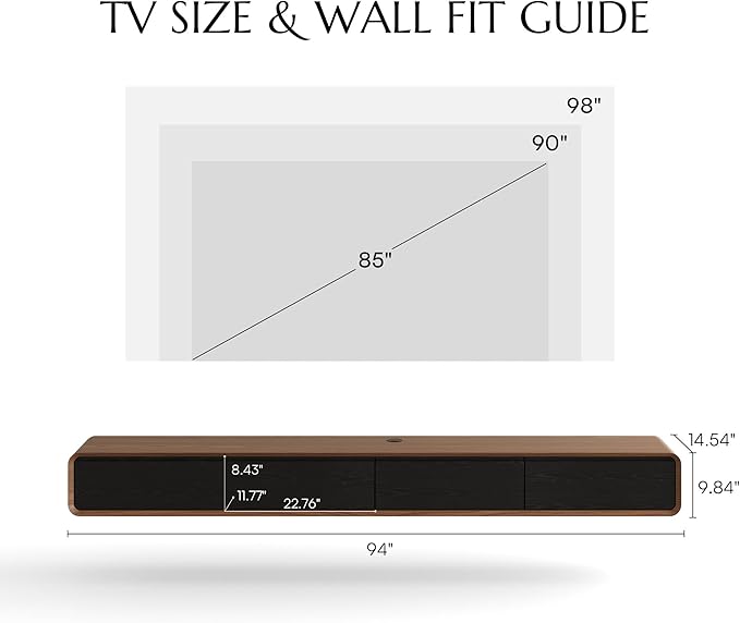 POVISON Fully-Assembled Minimalist Floating TV Stand, Modern Wall-Mounted Entertainment Center with 4 Flip-Down Cabinet Doors, Solid Wood Media Console, Walnut Veneer, 94"