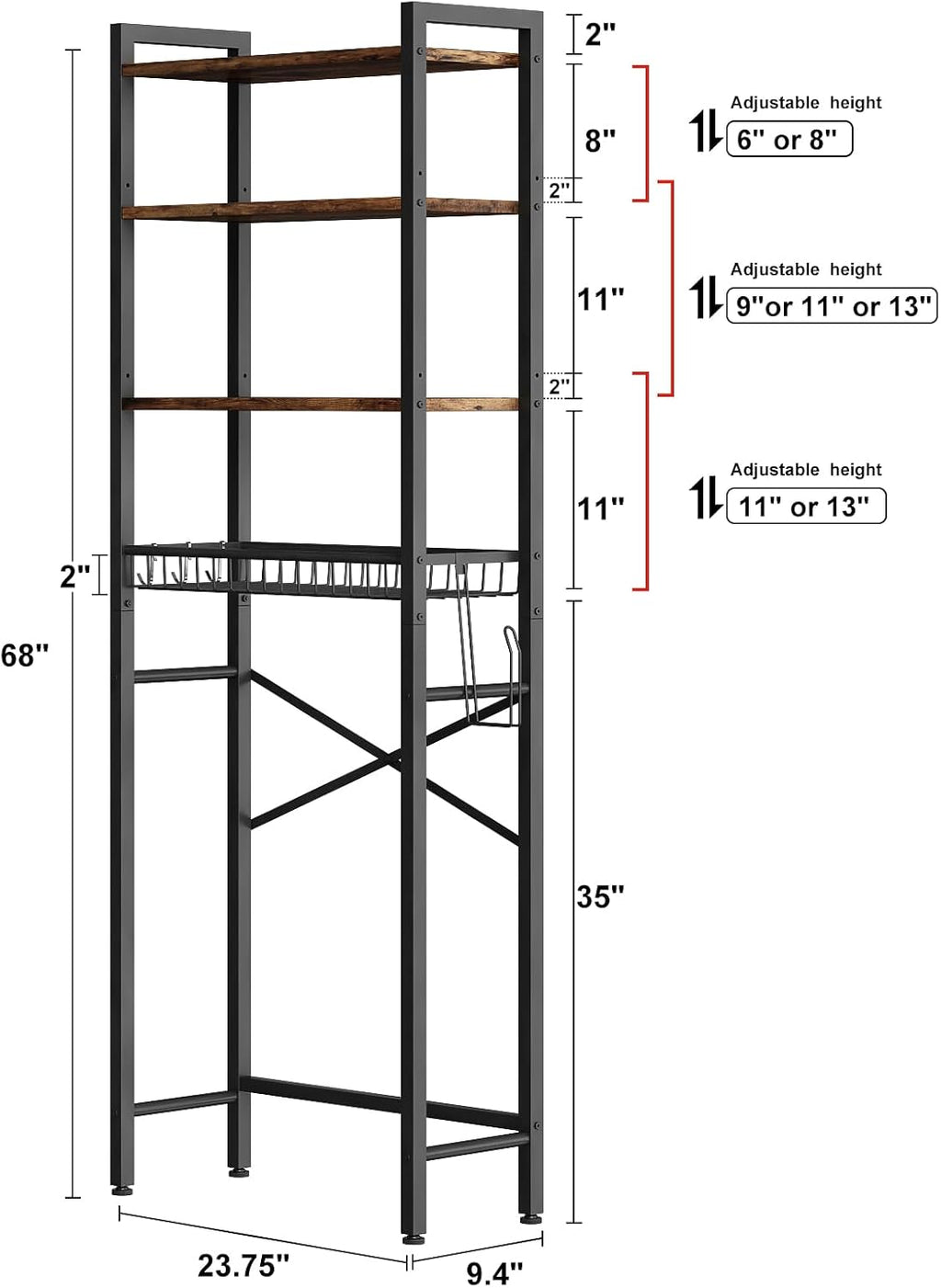 Over-The-Toilet Storage Rack, 4-Tier Bathroom Organizer Shelf Over Toilet with Adjustable Shelf and Basket, Freestanding Space Saver Bathroom Shelves Above Toilet for Room (Vintage Brown)