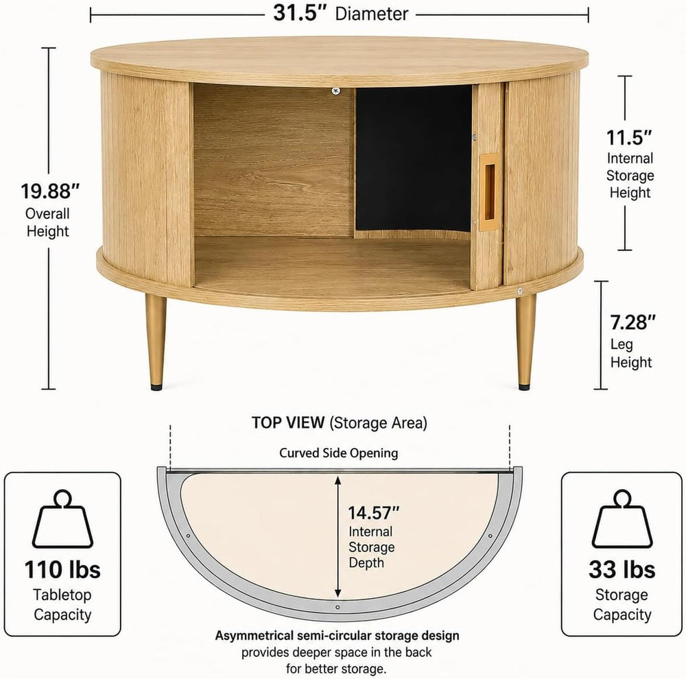 ARTPOWER 32" Round Coffee Tables for Living Room,Mid Century Modern,Oak