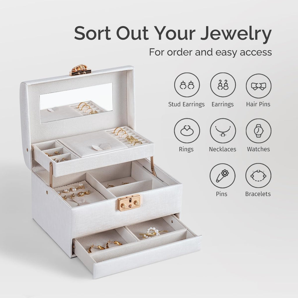 CASEGRACE Jewelry Box,3 Layers Leather Jewelry Storage Box with Lock, Mirror,Jewelry Storage Case for Necklaces Earrings Bracelets and Rings