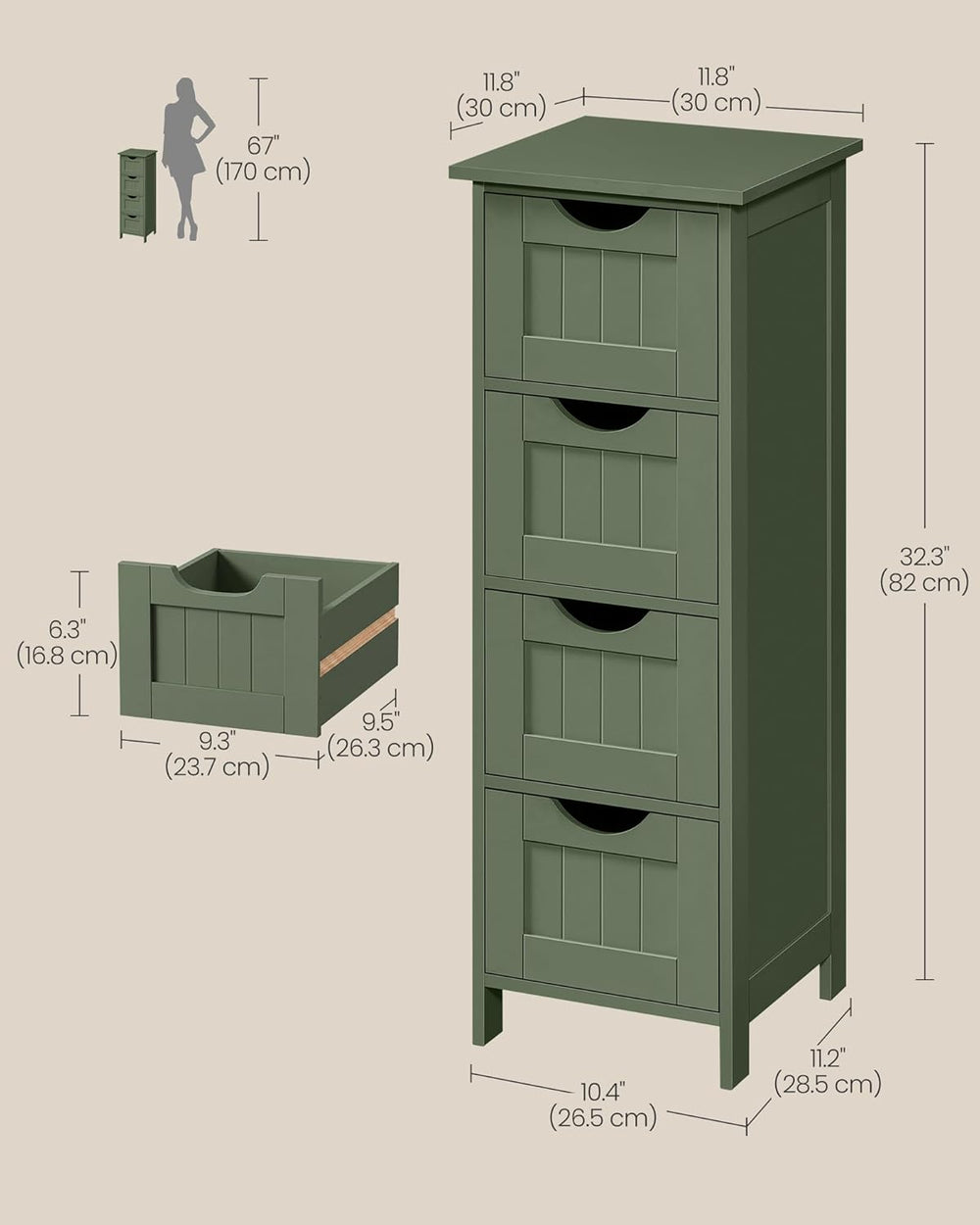 VASAGLE Floor Storage Cabinet, Freestanding Storage Organizer with 4 Drawers,...