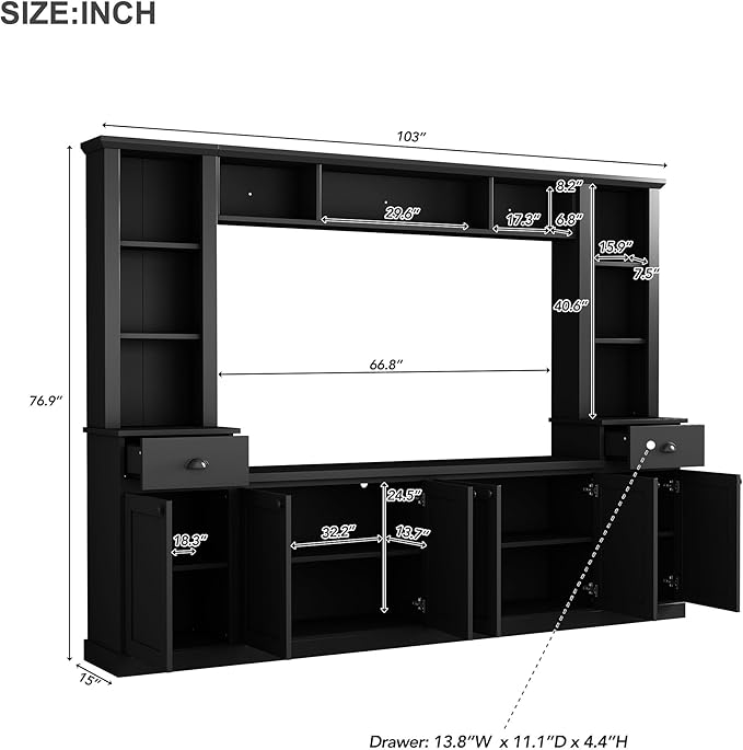 Ball & Cast TV Stand with Cabinets for TVs up to 75",Wall Unit Entertainment Center with Storage and Open Shelves,Modern Media TV Console with 2 Drawers for Living Room,Black