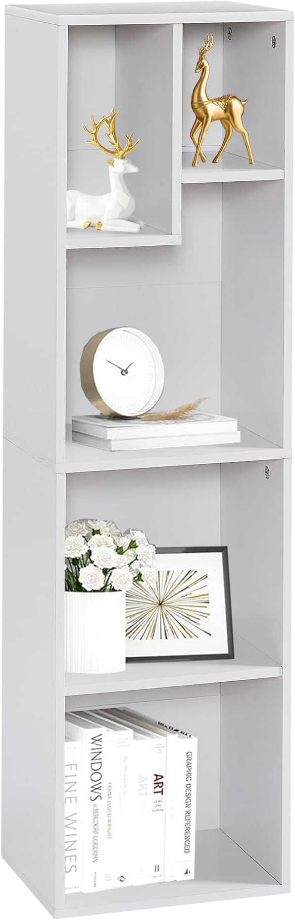VECELO 4-Tier Bookcase, Modern Storage Cabinet with Height Difference Shelves for Standard Textbooks, 5 Cubes, Vertical or Horizontal, Easy Assembly, Pearl White