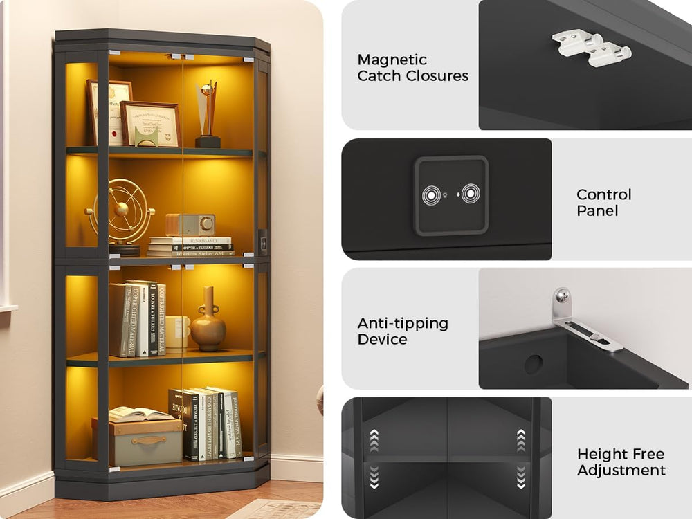 Jocoevol Corner Display Cabinet with Glass Doors, 4-Tier Display Cases for Co...