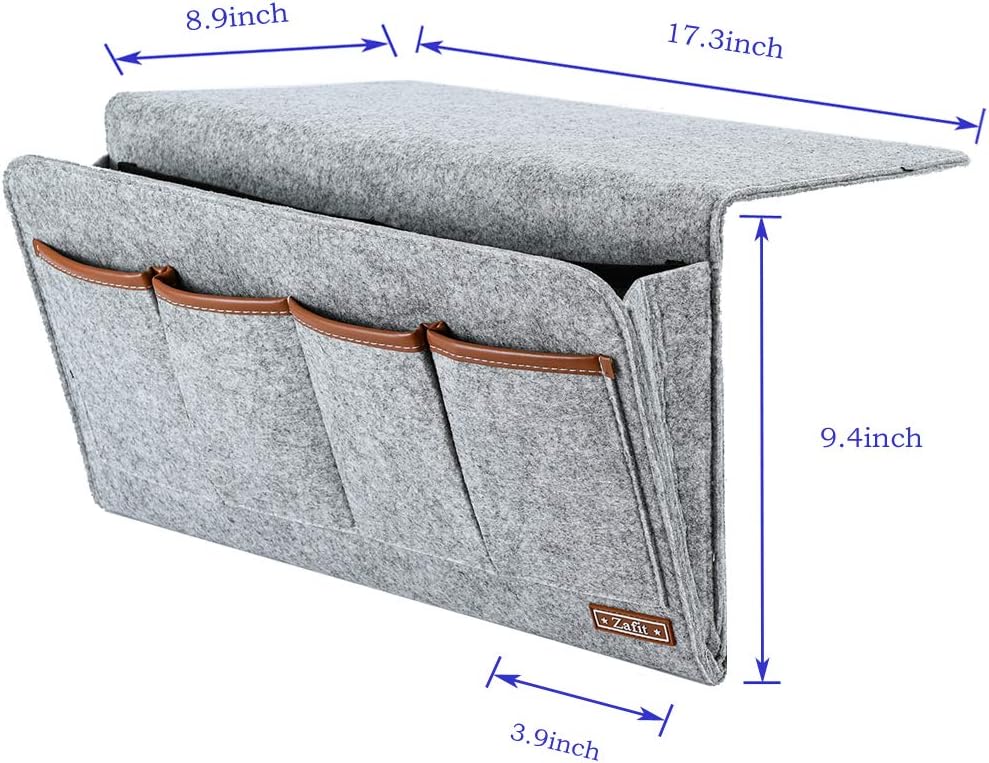 Bedside Caddy, Large Size Storage Organizer with 7 Pockets for Magazine, Remotes, Phone (17.3'' x 18.1'', Light Grey)