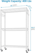 VIPEK R2 Plus Rolling Garment Rack 3 Tiers Adjustable Wire Shelving Clothes Racks with Wheels, Freestanding Wardrobe Storage Rack Heavy Duty Metal Clothing Racks for Hanging Clothes, White