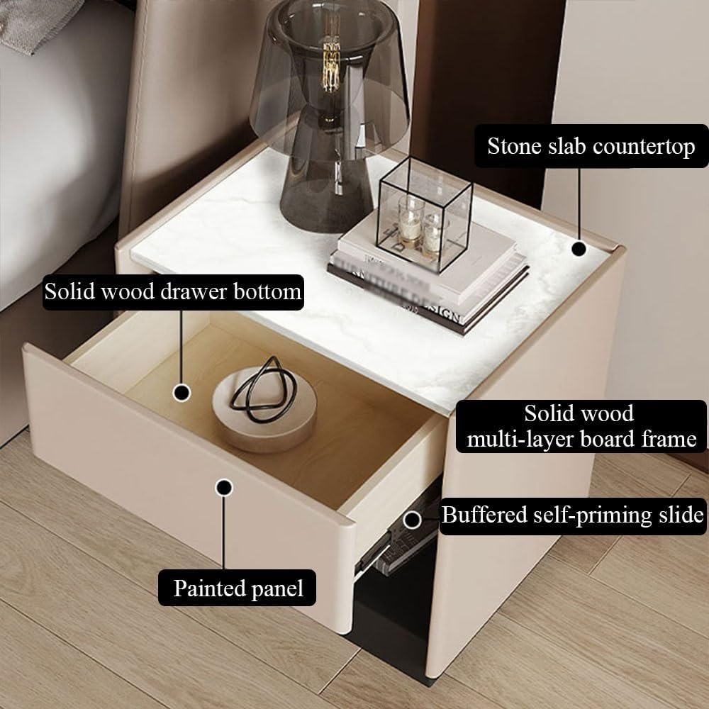 Wood Night Stand with Stone Slab Desktop Modern Bedside Table Side Table Deco...