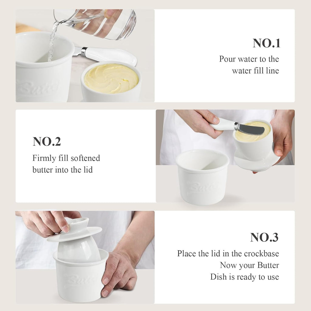 Ceramic Butter Crock with Lid & Spreader Knife, Butter Keeper - Ideal Butter Storage & Countertop Butter Dish, White