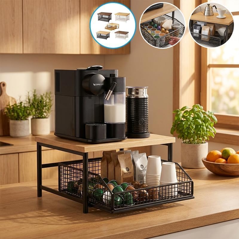 Desktop drawer-style storage rack with wooden top—suitable for kitchens, offi...